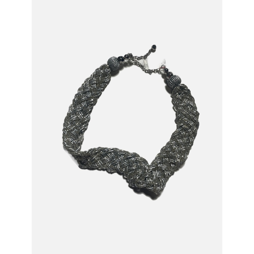 Macy's Bib Necklace Women OS Silver Braided Seed Bead Statement Glam Elegant